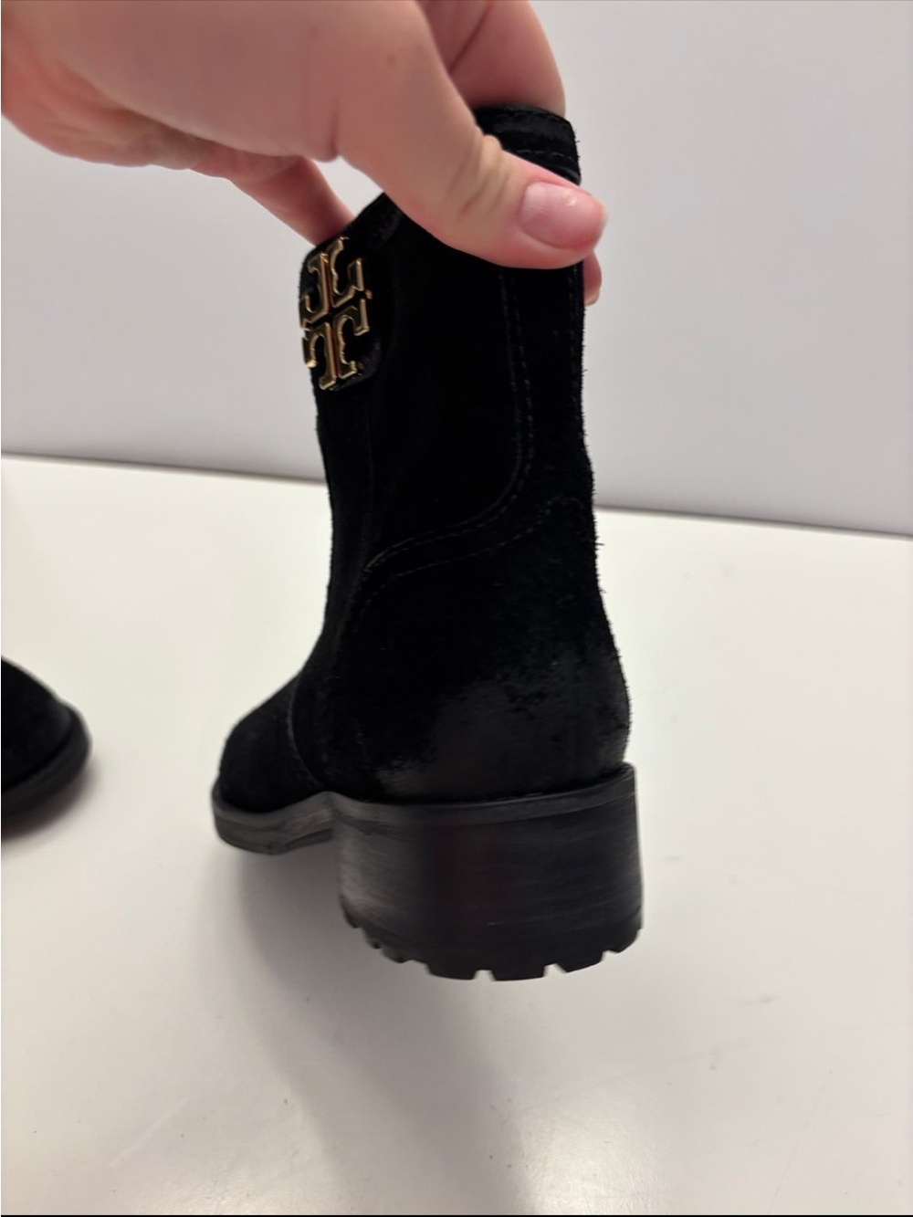 Tory Burch black suede Eloise flat booties with a prominent gold-tone metal logo - Picture 6 of 12